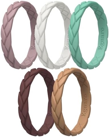 Egnaro Women's Silicone Stackable Rings 3.5mm Wide 2mm Thick Rubber Flexible Hypoallergenic Wedding Bands For Workout Leaf Braided Fashion