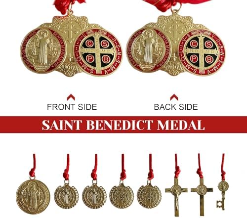 Escapularios Catolicos 2PCS Golden Saint Benedict Medal Protection Blessing Charm St Benedict Crucifix Catholic San Benito Medalla Pendant Handmade Jewelry Gift Car Hanging Home Decor (Red)