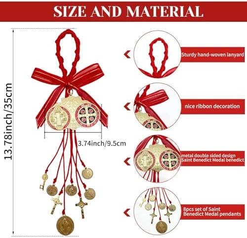 Escapularios Catolicos 2PCS Golden Saint Benedict Medal Protection Blessing Charm St Benedict Crucifix Catholic San Benito Medalla Pendant Handmade Jewelry Gift Car Hanging Home Decor (Red)