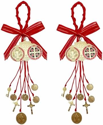 Escapularios Catolicos 2PCS Golden Saint Benedict Medal Protection Blessing Charm St Benedict Crucifix Catholic San Benito Medalla Pendant Handmade Jewelry Gift Car Hanging Home Decor (Red)