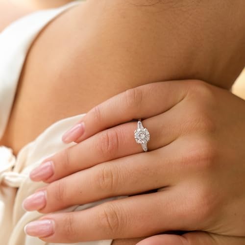 Espere Sterling Silver 2 Carat CZ Baguette Round Solitaire Engagement Ring Bridal Wedding Jewelry