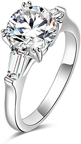 espere Sterling Silver 2 Carat CZ Baguette Round Solitaire Engagement Ring Bridal Wedding Jewelry