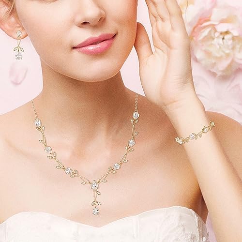 EVER FAITH Bridal Cubic Zirconia Jewelry Sets For Women White Simulated Pearl Leaf Vine Pendant Wedding Party Necklace Earrings Set For Bridesmaid Bride