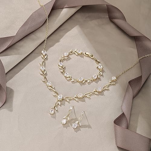 EVER FAITH Bridal Cubic Zirconia Jewelry Sets For Women White Simulated Pearl Leaf Vine Pendant Wedding Party Necklace Earrings Set For Bridesmaid Bride