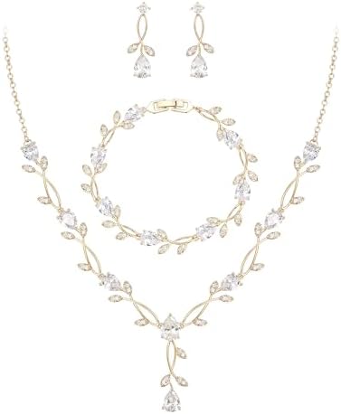 EVER FAITH Bridal Cubic Zirconia Jewelry Sets for Women White Simulated Pearl Leaf Vine Pendant Wedding Party Necklace Earrings Set for Bridesmaid Bride