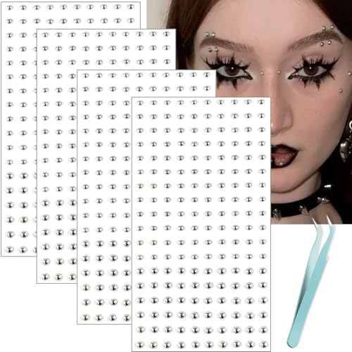 Face Gems Fake Piercings Fake Lip Ring Fake Nose Ring Fake Eyebrow Piercing Fake Lip Piercing Self-Adhesive Face Sticker Fake Piercing Balls Silver Cool Punk Y2k Halloween Makeup For Women Men