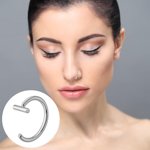 Fake Lip Piercing 16 Pcs Stainless Steel Fake Lip Ring 8mm Faux Nose Ring Non Piercing Hoop Nose Rings For Women Men (Silver Black)