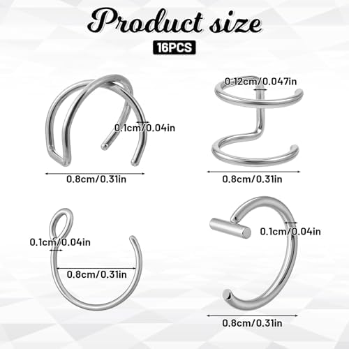 Fake Lip Piercing 16 Pcs Stainless Steel Fake Lip Ring 8mm Faux Nose Ring Non Piercing Hoop Nose Rings For Women Men (Silver Black)