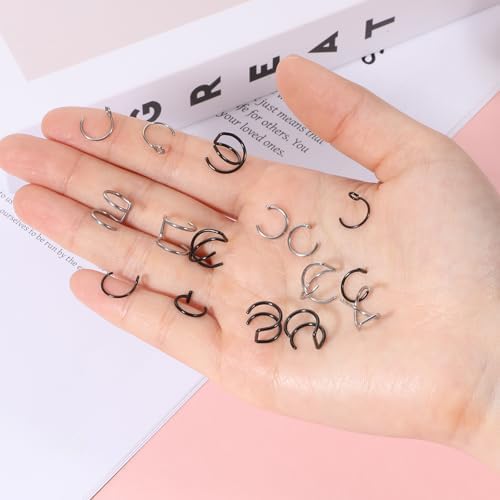 Fake Lip Piercing 16 Pcs Stainless Steel Fake Lip Ring 8mm Faux Nose Ring Non Piercing Hoop Nose Rings For Women Men (Silver Black)