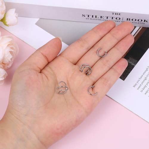 Fake Lip Piercing 16 Pcs Stainless Steel Fake Lip Ring Clip On Nose Ring Hoop Faux Nose Piercing For Women Men (Silver)