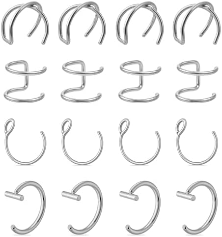 Fake Lip Piercing 16 Pcs Stainless Steel Fake Lip Ring Clip on Nose Ring Hoop Faux Nose Piercing for Women Men (Silver)