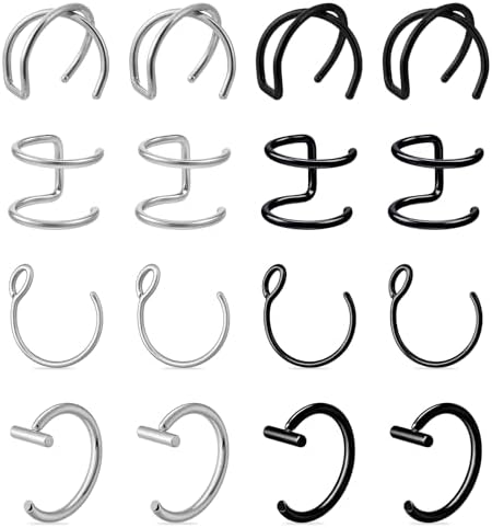 Fake Lip Piercing 16 Pcs Stainless Steel Fake Lip Ring 8mm Faux Nose Ring Non Piercing Hoop Nose Rings for Women Men (Silver Black)