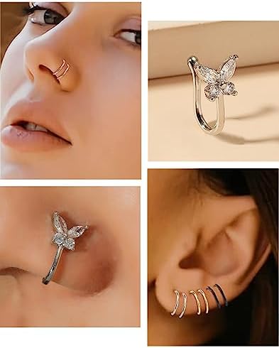 Fake Nose Ring Hoop Fake Nose Stud Magnetic Septum Nose Ring Stud Stainless Steel CZ Fake Nose Piercing Stud Faux Nose Ear Lip Cuffs Non Pierced Jewelry For Women Men