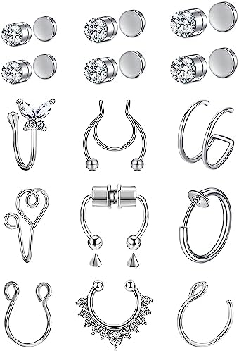 Fake Nose Ring Hoop Fake Nose Stud Magnetic Septum Nose Ring Stud Stainless Steel CZ Fake Nose Piercing Stud Faux Nose Ear Lip Cuffs Non Pierced Jewelry for Women Men