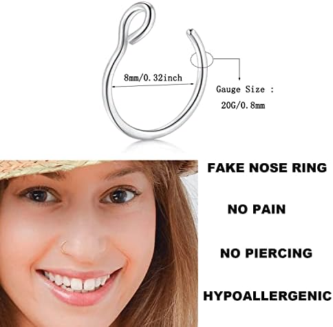 Fake Nose Rings Faux Piercing Jewelry 20G 8mm Fake Nose Ring Hoop For Faux Lip Septum Nose Ring Set