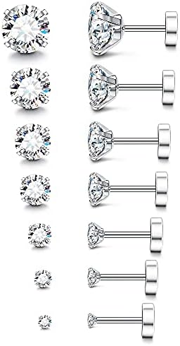 Fansilver 20G Hypoallergenic Flat Back Earrings for Women Men Silver 14K Gold Stainless Steel Stud Earrings Brithstone Cubic Zirconia Studs Surgical Steel Cartilage Earrings for Sensitive Ears