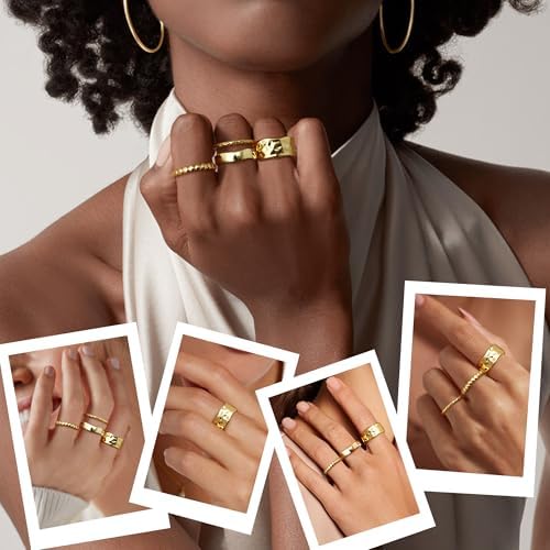 Fansilver Stackable Chunky Gold Rings For Women Non Tarnish Dainty 14K Gold Plated Stacking Thumb Rings Set Trendy Gold Wedding Band Ring Size 5-11