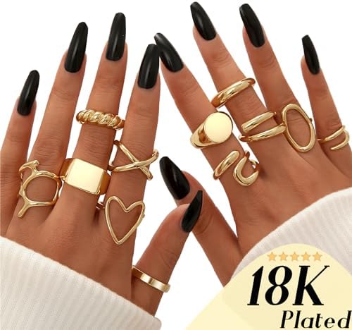 FAXHION 12PCS Gold Stackable Rings Set For Women 18K Gold Plated Open Stacking Knuckle Ring Adjustable Chunky Signet Band Statement Ring For Gift