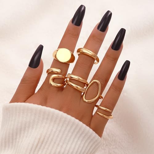 FAXHION 12PCS Gold Stackable Rings Set For Women 18K Gold Plated Open Stacking Knuckle Ring Adjustable Chunky Signet Band Statement Ring For Gift