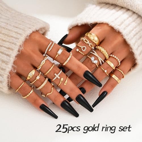 FAXHION 25 PCS Gold Stackable Rings Set For Women Simple Twist Knuckle Finger Ring Trendy Dainty Stacking Statement Thumb Rings Pack Jewelry Gift