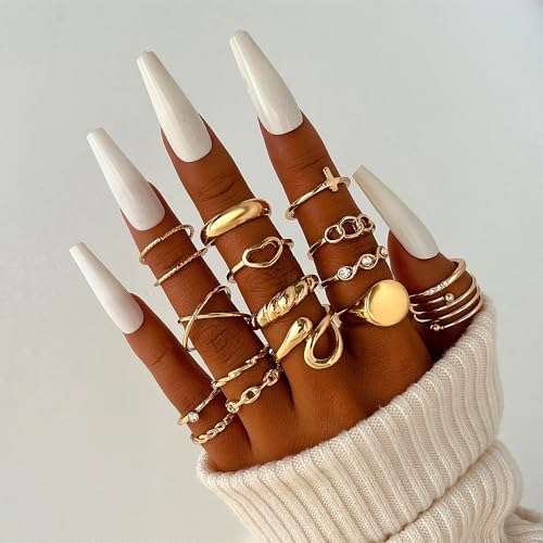 FAXHION 60 Pcs Gold Stackable Rings For Women Knuckle Rings Chunky Gold Ring Set Dainty Stacking Cute Rings Multiple Sizes Cute Jewelry Set Gift