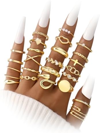FAXHION 60 Pcs Gold Stackable Rings for Women Knuckle Rings Chunky Gold Ring Set Dainty Stacking Cute Rings Multiple Sizes Cute Jewelry Set Gift