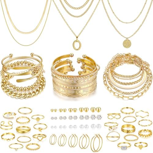 FAXHION 68 Pcs Gold Jewelry Set for Women with 7 Necklace 17 Bracelet 5 Hoop Earrings 15 Stud Earrings 24 Knuckle Rings for Women Jewelry Set for Women