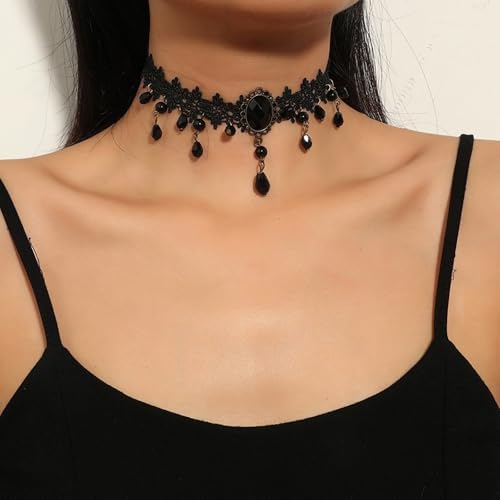 Fesciory Black Necklaces For Women Adjustable Layered Velvet Leather Lace Collar Necklace Goth Jewelry Gifts