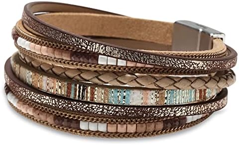 Fesciory Leather Wrap Bracelets for Women Boho Leopard Multi-Layer Crystal Beads Cuff Bracelet Jewelry