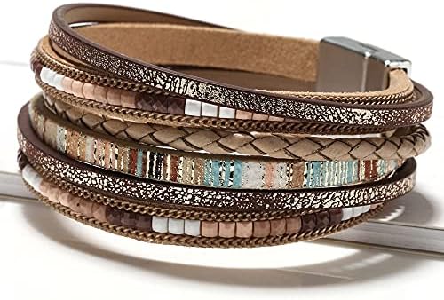 Fesciory Leather Wrap Bracelets For Women Boho Leopard Multi-Layer Crystal Beads Cuff Bracelet Jewelry