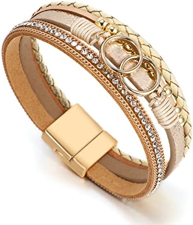 Fesciory Leopard Bracelet For Women Boho Leather Wrap Multi-Layer Pearl Crystal Bracelet Bangle Jewelry