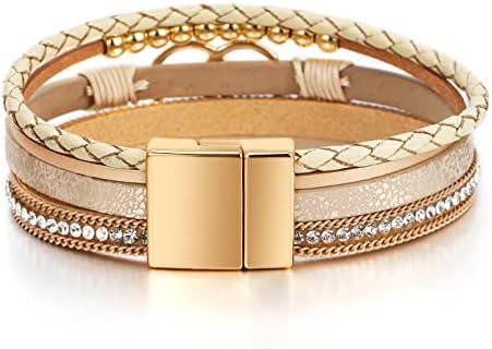 Fesciory Leopard Bracelet For Women Boho Leather Wrap Multi-Layer Pearl Crystal Bracelet Bangle Jewelry