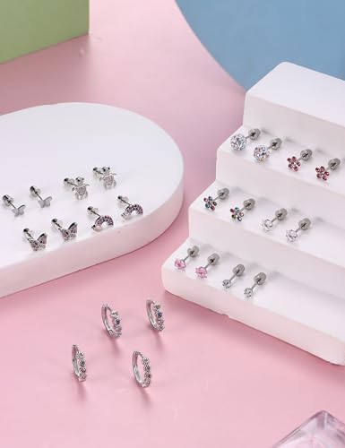 FIASASO Hypoallergenic Surgical Stainless Steel Earrings For Girls Kids Women - 12 Pair Screw Back Earrings For Sensitive Ears Cute Flower Butterfly Toddler Stud Hoop Earrings Screwback Girl Earrings