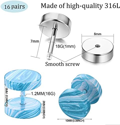 FIBO STEEL 16 Pairs Fake Gauge Earrings For Men Women Stainless Steel Stud Earrings Cheater Ear Plug Faux Gauges Earrings Ear Tunnel