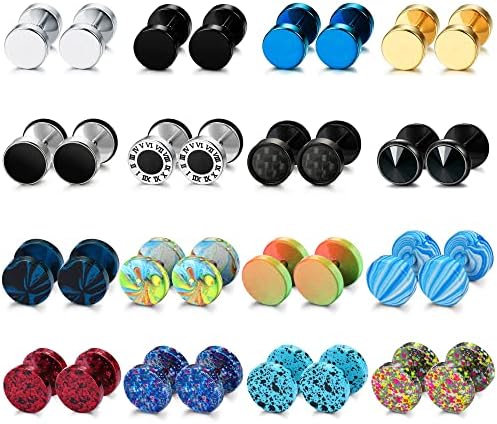 FIBO STEEL 16 Pairs Fake Gauge Earrings for Men Women Stainless Steel Stud Earrings Cheater Ear Plug Faux Gauges Earrings Ear Tunnel