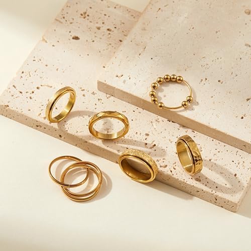 Fidget Rings For Anxiety 6pcs Stainless Steel Spinner Ring Anti Anxiety Ring Spinning Moon Star Cool Stress Relieveing CZ Rings For Women Men Band Rings Set