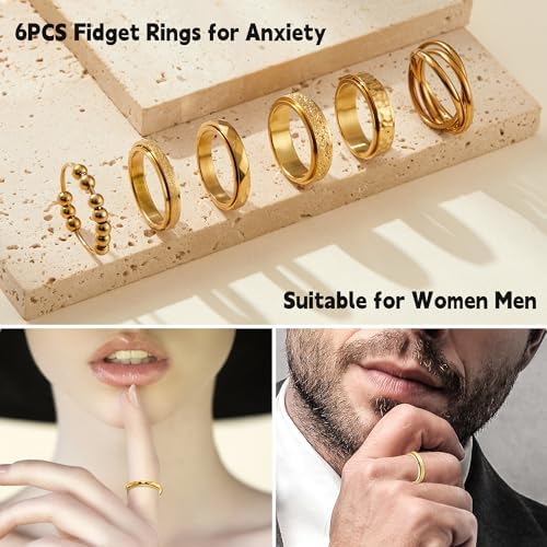 Fidget Rings For Anxiety 6pcs Stainless Steel Spinner Ring Anti Anxiety Ring Spinning Moon Star Cool Stress Relieveing CZ Rings For Women Men Band Rings Set