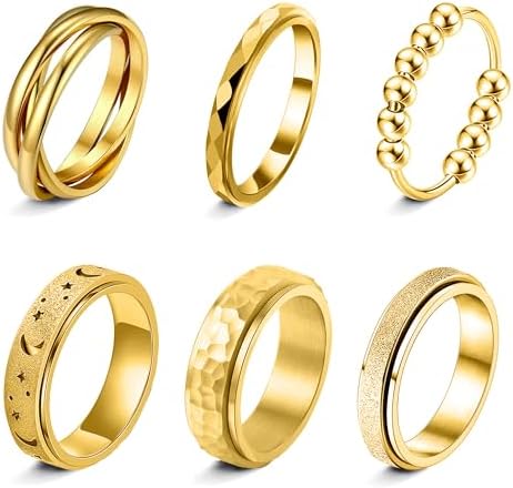 Fidget Rings for Anxiety 6pcs Stainless Steel Spinner Ring Anti Anxiety Ring Spinning Moon Star Cool Stress Relieveing CZ Rings for Women Men Band Rings Set