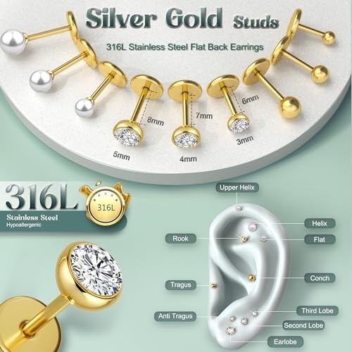 Flat Back Earrings Stud : 14K Gold Filled Titanium Surgical Steel Earrings Hypoallergenic For Women Men 18G Cartilage Helix Tragus Conch Medusa Piercing Jewelry Dainty Stud Earring Set 3 Pair
