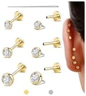 Flat Back Earrings Stud : 14K Gold Filled Titanium Surgical Steel Earrings Hypoallergenic for Women Men 18G Cartilage Helix Tragus Conch Medusa Piercing Jewelry Dainty Stud Earring Set 3 Pair