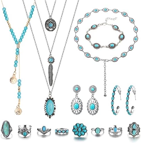 Florideco Bohemian Turquoise Jewelry for Women Men Western Set Adjustable Belt Rings and Necklace Vintage Drop Earrings Bracelet Boho Turquoise Jewelry for Women