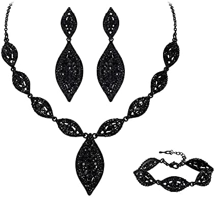 Flyonce Wedding Jewelry Set Rhinestone Crystal Bridal Leaf Necklace Drop Dangle Chandelier Earrings Sets for Women