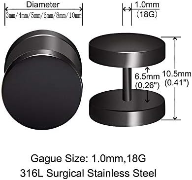 FLYUN Fake Gauges 6 Pairs Men's Earrings Faux Plugs Black Stud Surgical Steel Screw Flat Back Punk Earrings Hypoallergenic 18G/1MM