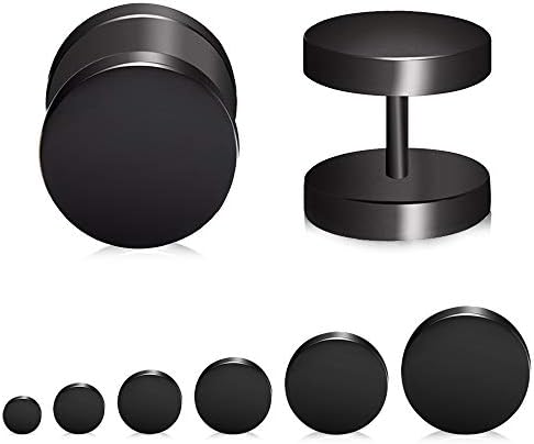 FLYUN Fake Gauges 6 Pairs Men's Earrings Faux Plugs Black Stud Surgical Steel Screw Flat Back Punk Earrings Hypoallergenic 18G/1MM