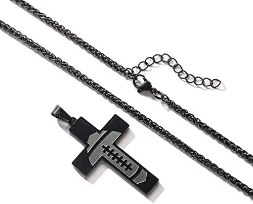 Football Cross Necklace For Boys Men Stainless Steel Bible Verse Pendant With 20+2 Inch Chain First Communion Baptism Religious Sports Jewelry Gift