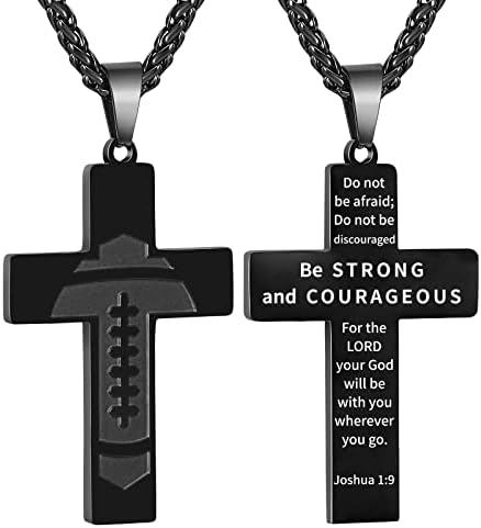 Football Cross Necklace for Boys Men Stainless Steel Bible Verse Pendant with 20+2 Inch Chain First Communion Baptism Religious Sports Jewelry Gift