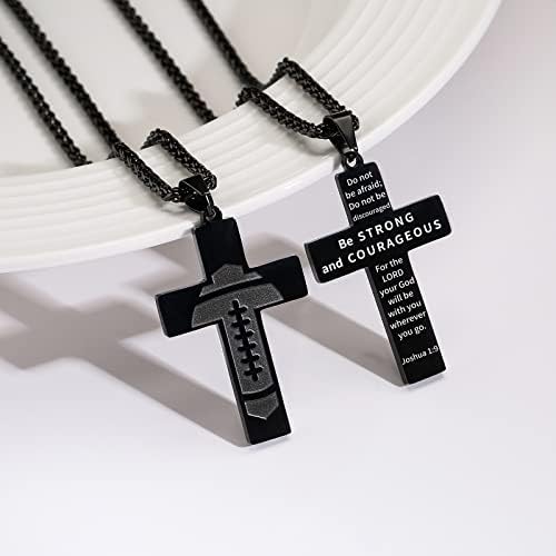 Football Cross Necklace For Boys Men Stainless Steel Bible Verse Pendant With 20+2 Inch Chain First Communion Baptism Religious Sports Jewelry Gift