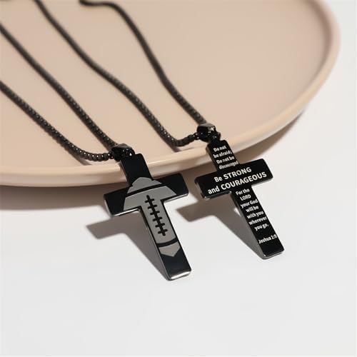 Football Cross Necklace For Men.Black Cross Necklace For Men.Sport Stainless Steel Bible Verse Pendant Necklaces Gifts First Communion Baptism Religious Pendant Chain Gifts