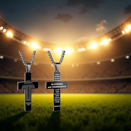 Football Cross Necklace For Men.Black Cross Necklace For Men.Sport Stainless Steel Bible Verse Pendant Necklaces Gifts First Communion Baptism Religious Pendant Chain Gifts