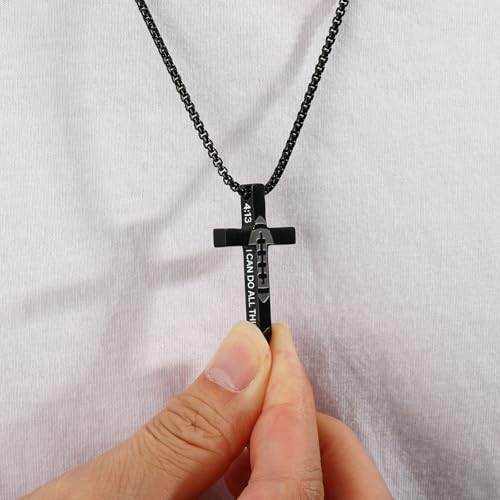 Football Game Day Cross Necklace For Boys Men Cross With Bible Verse Stainless Steel Pendant Chain Football Gear Stuff Christian Religious Christmas Sports Jewelry Gifts For Son Teens Team